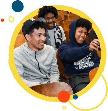 Colorful collage of three smiling high school students seated in an auditorium