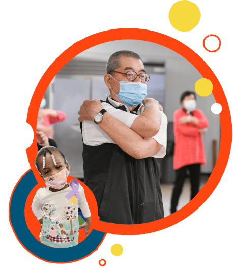 Colorful collage of young Black child wearing a purple ribbon and an older Asian adult attending a self defense-class